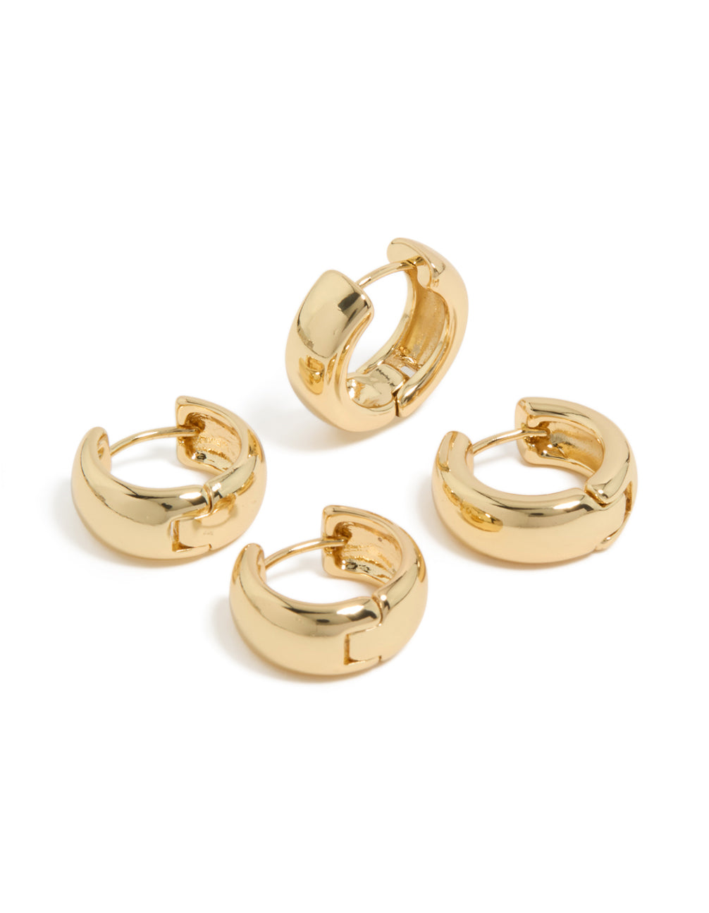 Showcasing gold plated huggie earrings in a 2-pack front view