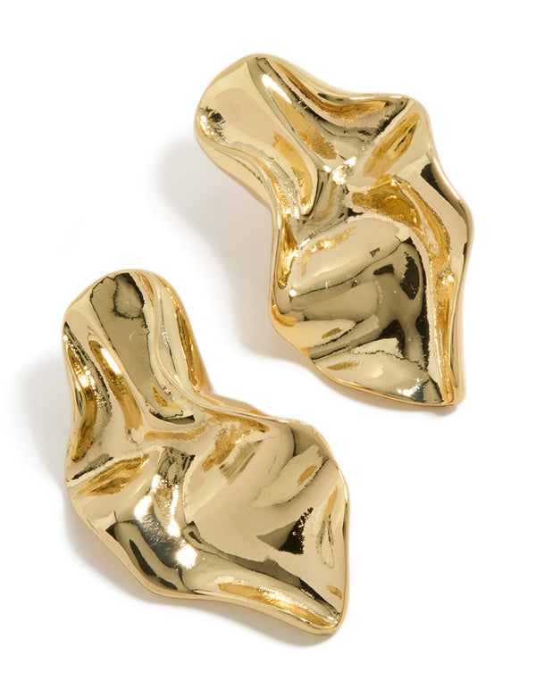 Discover these gold plated wavy organic drop stud earrings with a lustrous finish front view