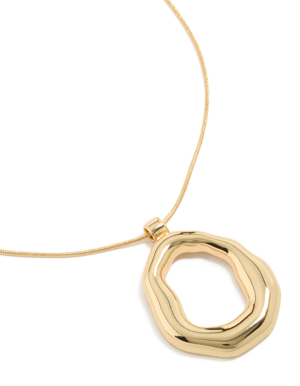Showcasing a gold plated organic circle pendant necklace close up view