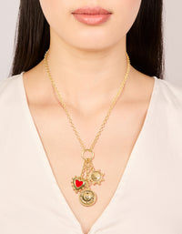 Gold Plated Diamante Disc & Red Heart Charm Necklace - link has visual effect only