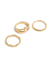 Stunning gold plated square and baguette cubic zirconia wavy rings 3-pack featuring statement and chunky style in gold front view - link has visual effect only