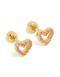 Kids heart-shaped stud earrings crafted from surgical steel with pavé pink cubic zirconia and flat back closure in gold plated finish front view - link has visual effect only