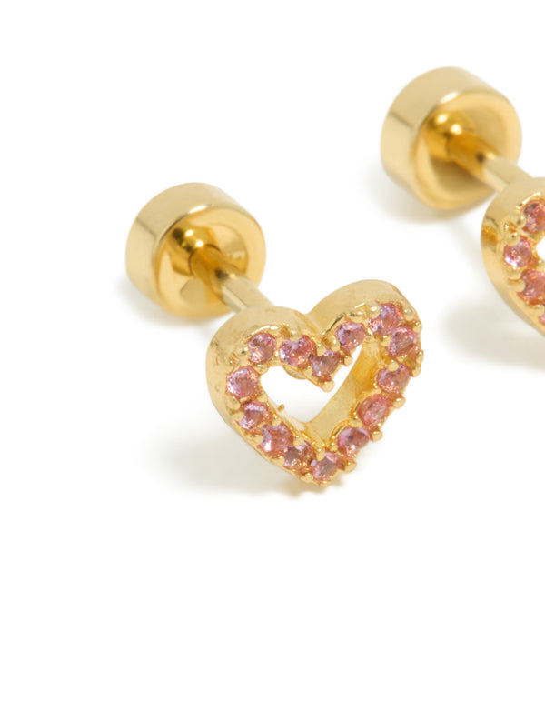Charming heart-shaped stud earrings for kids featuring surgical steel with pavé pink cubic zirconia and flat back closure in gold plated finish close up view