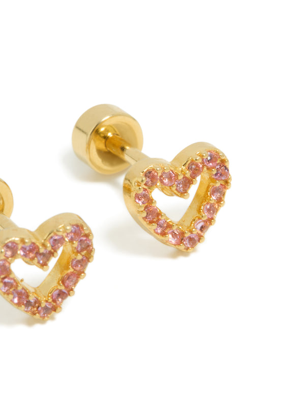 Charming heart-shaped stud earrings for kids featuring surgical steel with pavé pink cubic zirconia and flat back closure in gold plated finish close up view
