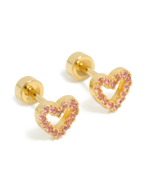 Kids heart-shaped stud earrings crafted from surgical steel with pavé pink cubic zirconia and flat back closure in gold plated finish front view