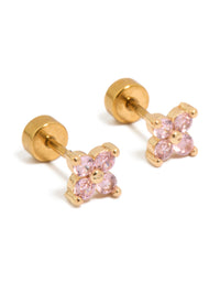 Beautifully crafted floral stud earrings with pink cubic zirconia stones in a gold plated surgical steel setting, featuring flat back closures front view - link has visual effect only