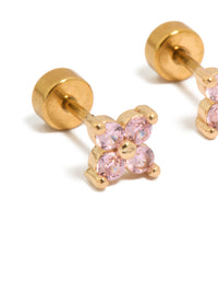Exquisite flower-shaped stud earrings featuring pink cubic zirconia gemstones set in gold plated surgical steel with flat back closures close up view - link has visual effect only