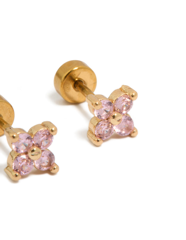 Charming floral stud earrings showcasing pink cubic zirconia stones in gold plated surgical steel with secure flat back closure post detail view