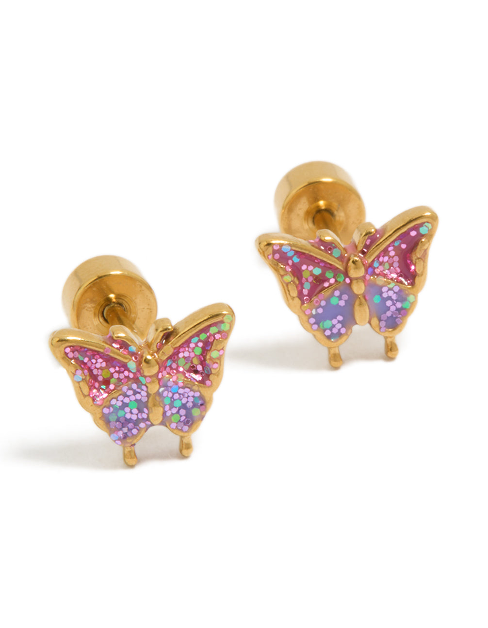 Beautifully crafted gold plated surgical steel flower flat back studs featuring butterfly and glitter accents front view