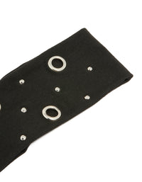 Crafted from black eyelet wide stretch fabric headband in solid print with silver accents side view - link has visual effect only