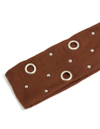 Elegant brown eyelet wide stretch fabric headband with silver embellishments detail view - link has visual effect only