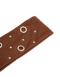 Chic brown eyelet wide stretch fabric headband adorned with silver studs side view - link has visual effect only