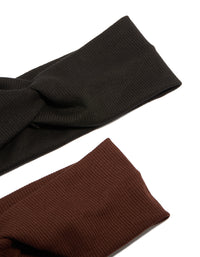 Crafted from solid ribbed slim stretch material, these chocolate brown and black headbands come in a 2-pack detail view - link has visual effect only