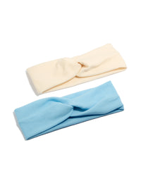 Discover this ribbed twisted fabric stretch headbands 2-pack featuring solid print in sky blue and beige front view - link has visual effect only