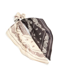 Showcasing a chocolate and cream paisley printed fabric long scarf scrunchie with statement styling front view - link has visual effect only