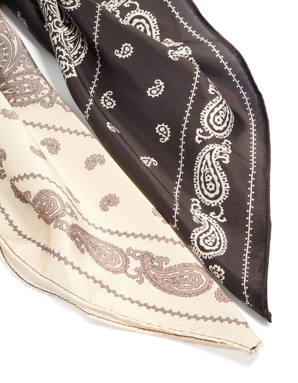 Featuring a chocolate brown and cream paisley printed statement fabric long scarf scrunchie with intricate pattern detail view
