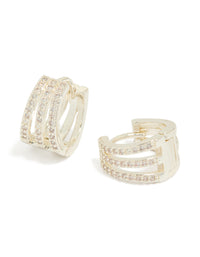 Showcasing trio layered huggie earrings crafted from cubic zirconia in silver plated finish front view - link has visual effect only