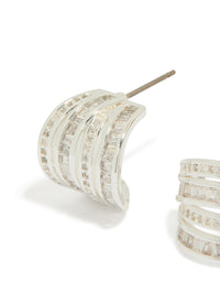 Designed with silver plated cubic zirconia 4 layered huggie earrings close up view - link has visual effect only