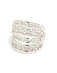 Highlighting silver plated cubic zirconia 4 layered huggie earrings post detail view - link has visual effect only