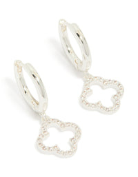 Showcasing silver plated cubic zirconia flower huggie drop earrings in dainty style front view - link has visual effect only
