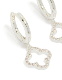 Crafted from silver plated cubic zirconia with flower huggie drop earrings in dainty hoop closure close up view - link has visual effect only
