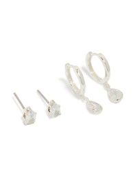 Showcasing silver plated cubic zirconia hoop and stud earrings 2-pack front view - link has visual effect only
