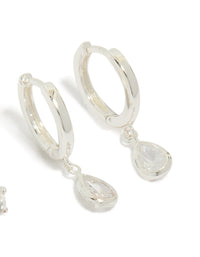 Designed with silver plated cubic zirconia hoop and stud earrings 2-pack close up view - link has visual effect only