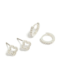 Beautifully designed silver plated cubic zirconia flower stud and huggie earrings in a 2-pack front view - link has visual effect only