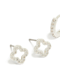 Crafted with silver plated cubic zirconia flower stud and huggie earrings 2-pack close up view - link has visual effect only