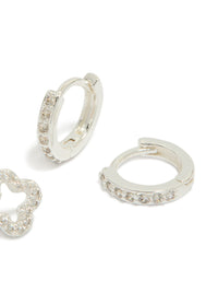 Designed with silver plated cubic zirconia flower stud and huggie earrings 2-pack highlighting post detail view - link has visual effect only