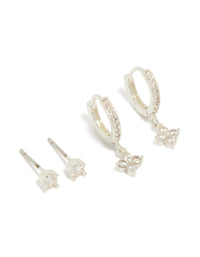 Featuring silver plated cubic zirconia studs and flower huggie earrings in a 2-pack front view - link has visual effect only