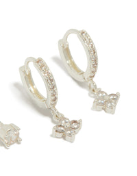 Designed with silver plated cubic zirconia studs and flower huggie earrings in a 2-pack close up view - link has visual effect only