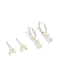 Showcasing dainty leaf studs with baguette huggie earrings in a 2-pack featuring cubic zirconia and silver plated finish front view - link has visual effect only