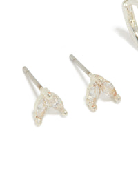 Featuring dainty leaf studs with baguette cut cubic zirconia in silver plated 2-pack close up view - link has visual effect only