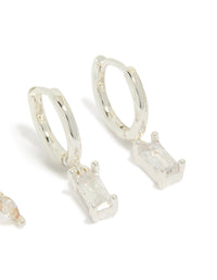 Featuring dainty leaf studs with baguette cut cubic zirconia in silver plated 2-pack close up view - link has visual effect only