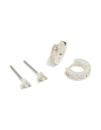 Featuring silver plated cubic zirconia trio stud and huggie earrings in a 2-pack front view - link has visual effect only