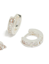 Displaying silver plated cubic zirconia trio stud and huggie earrings in a 2-pack post detail view - link has visual effect only