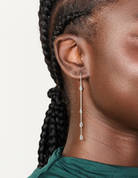 Elegant silver plated station pear cubic zirconia threader earrings on ear view - link has visual effect only