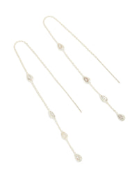 Showcasing station threader earrings with pear cut cubic zirconia set in silver plated metal front view - link has visual effect only