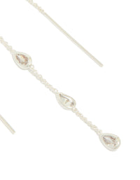 Silver plated station threader earrings with pear cut cubic zirconia and post detail view - link has visual effect only