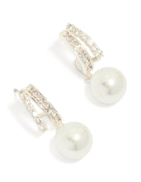 Discover silver plated cubic zirconia illusion pearl drop earrings with hoop closure front view - link has visual effect only