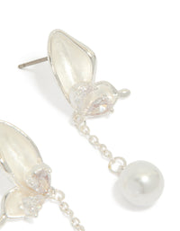 Highlighting silver plated enamel butterfly pearl drop earrings with post detail and clasp mechanism view - link has visual effect only