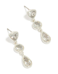 Showcasing silver plated cubic zirconia organic circles triple drop earrings front view - link has visual effect only