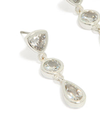 Highlighting silver plated cubic zirconia organic circles triple drop earrings close up view - link has visual effect only
