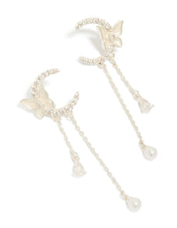 Showcasing silver plated cubic zirconia moon and butterfly drop earrings featuring celestial charm with pearl accents front view - link has visual effect only