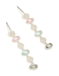 Showcasing silver plated pink and blue cubic zirconia oval and round stone drop earrings in a front view - link has visual effect only