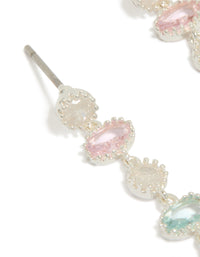 Crafted from silver plated pink and blue cubic zirconia oval and round stone drop earrings with post detail view - link has visual effect only