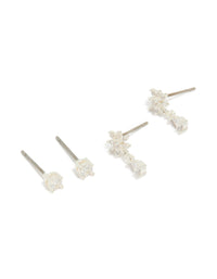 Showcasing teardrop floral cubic zirconia earrings in a 2-pack with silver plated finish front view - link has visual effect only