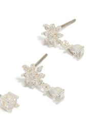 Designed with teardrop floral cubic zirconia in silver plated 2-pack earrings post detail view - link has visual effect only