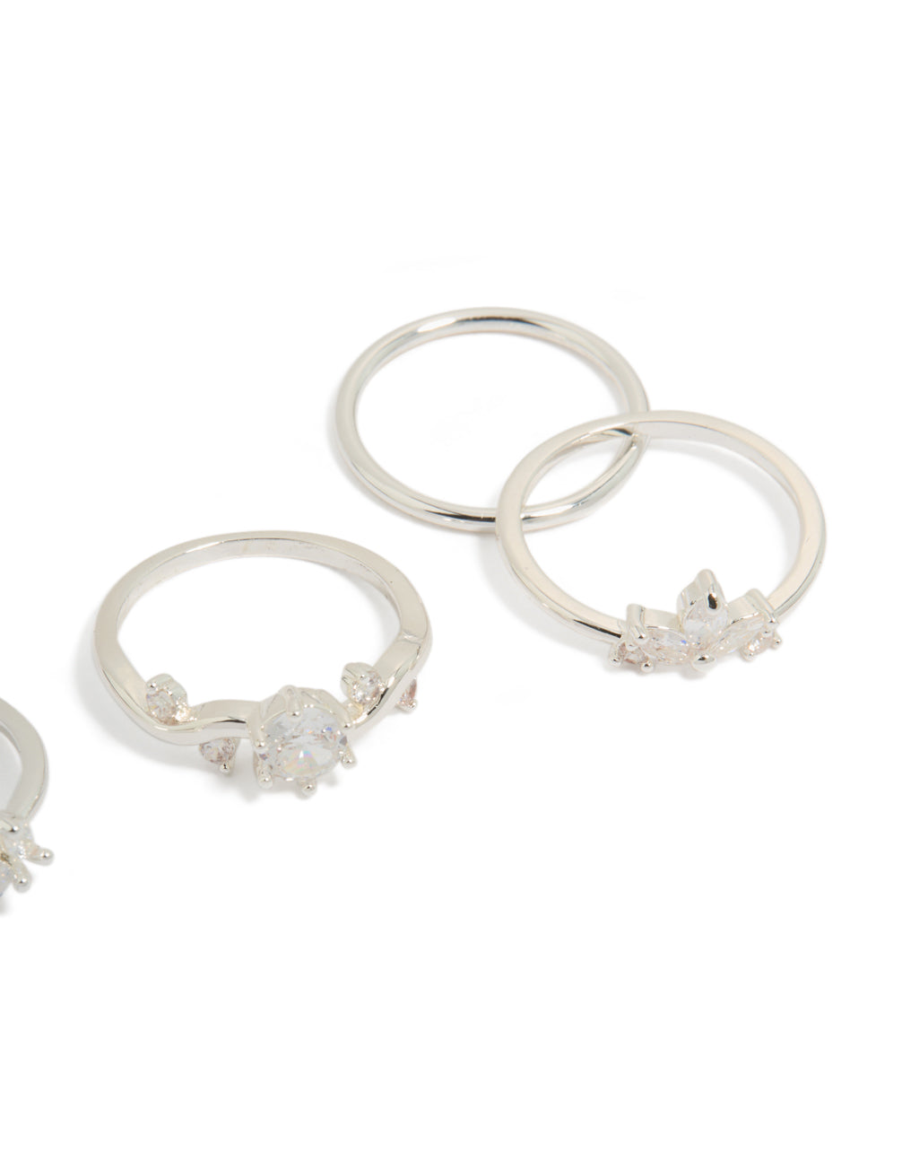 Featuring silver plated cubic zirconia marquise leaf rings in a 4-pack with crystal side detail view